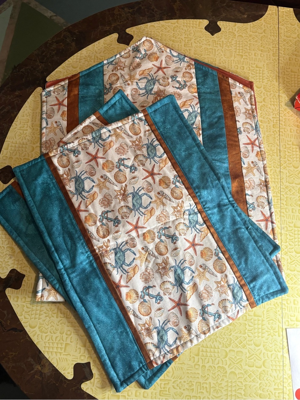 Handmade Coastal Seashell Table Runner Set in Teal & Brown